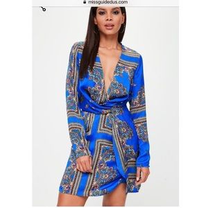 Silky blue long sleeved wrap dress